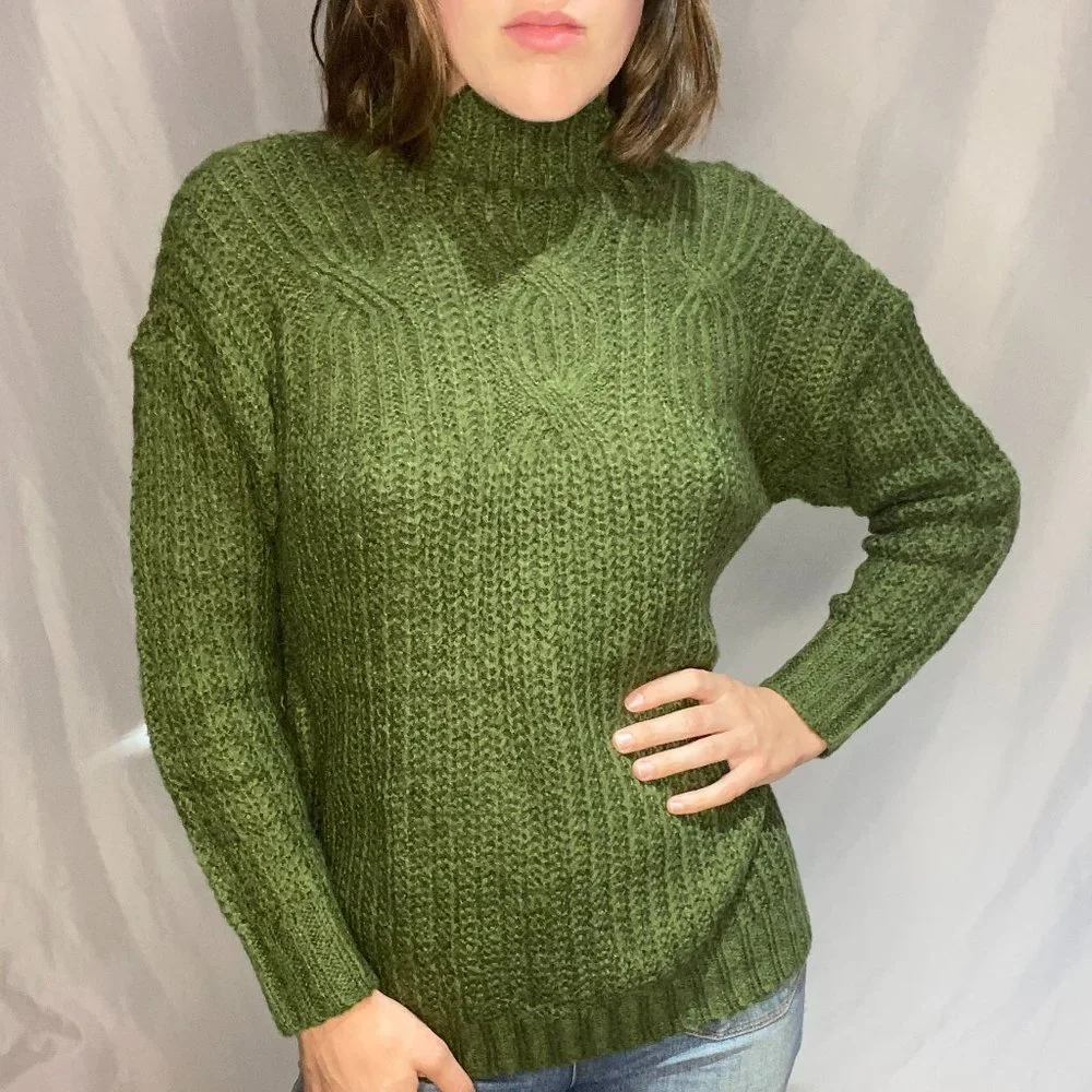 Handmade Knit Forest Green Mock Neck Sweater - Picture 1 of 1